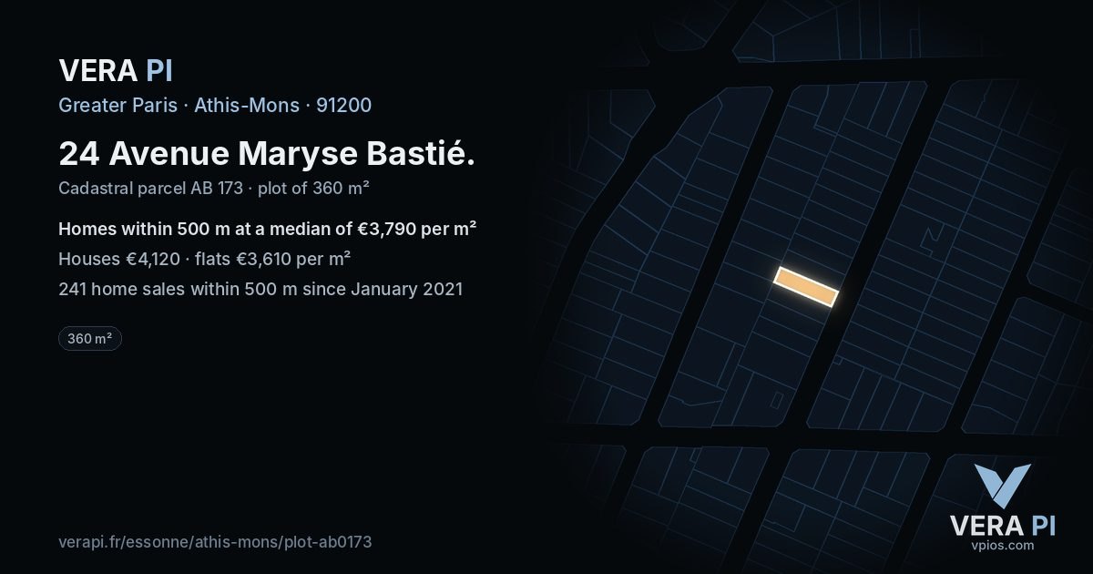 24 Avenue Maryse Bastié, Athis-Mons at night – the plot lit, the parcels around coloured by the prices near them