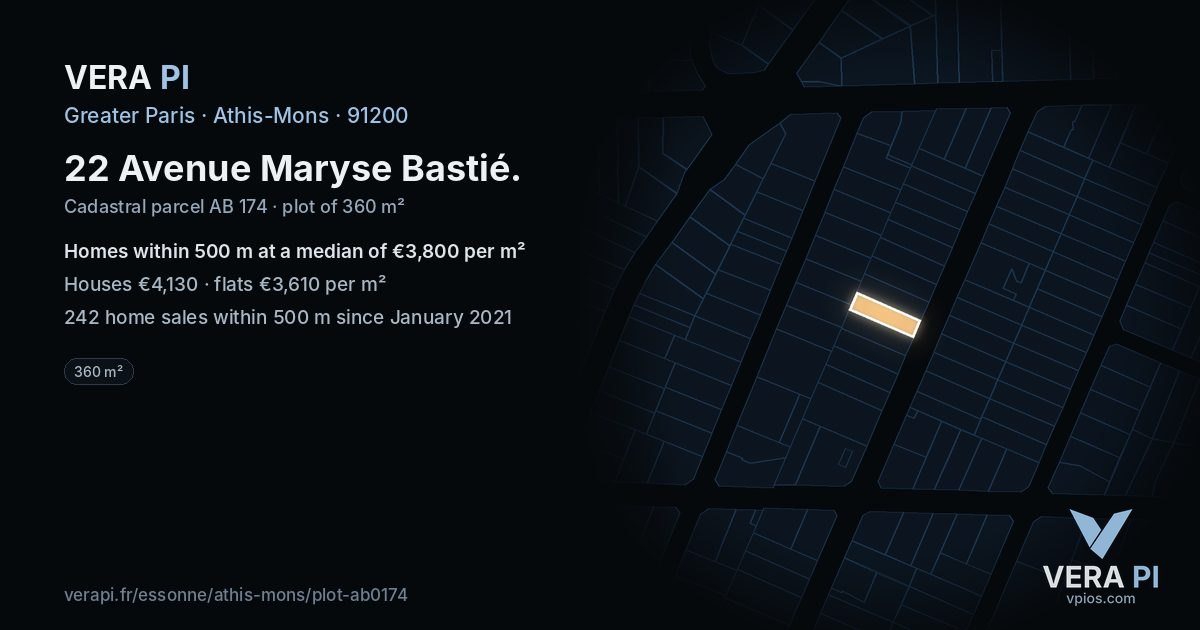 22 Avenue Maryse Bastié, Athis-Mons at night – the plot lit, the parcels around coloured by the prices near them