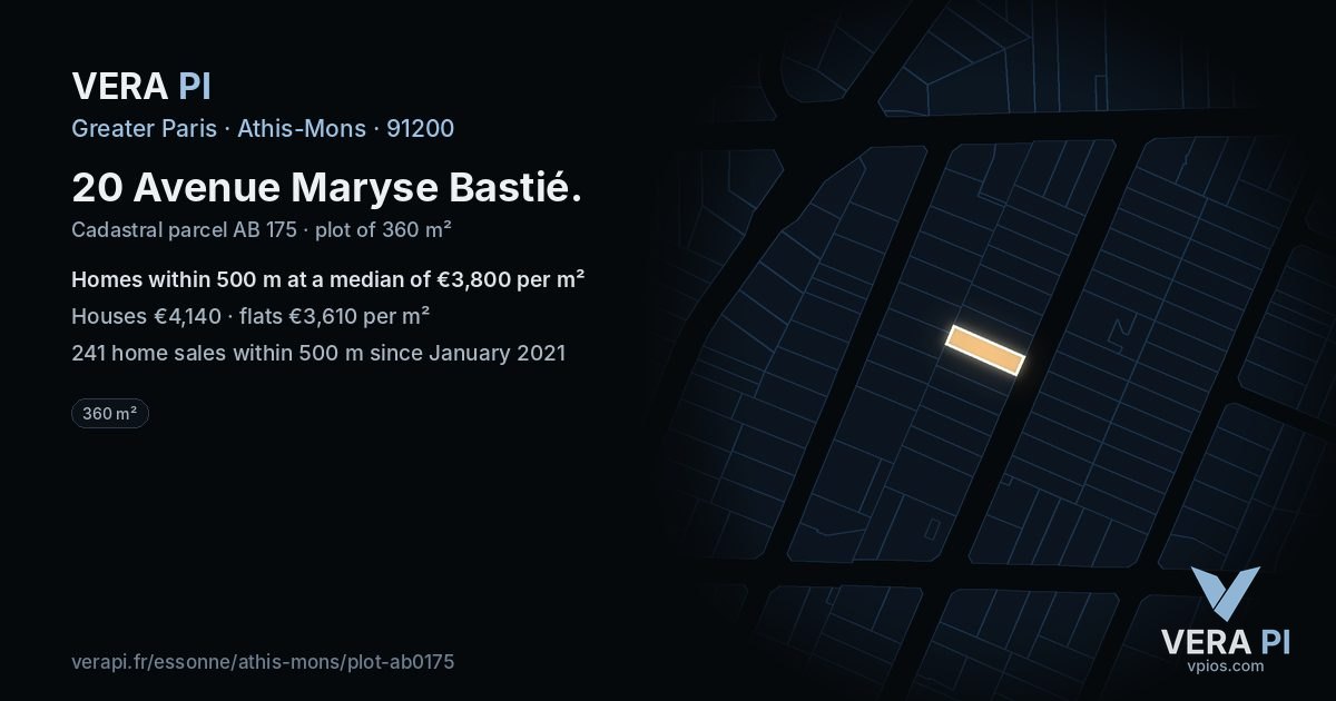 20 Avenue Maryse Bastié, Athis-Mons at night – the plot lit, the parcels around coloured by the prices near them