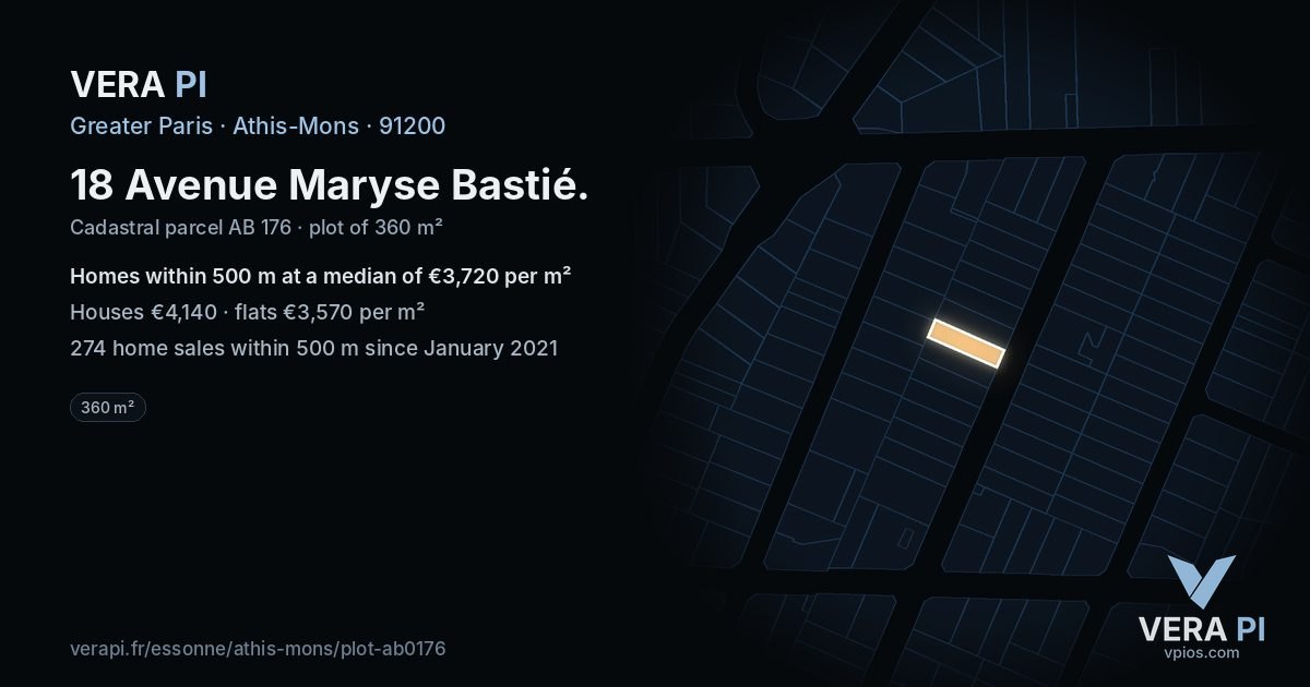 18 Avenue Maryse Bastié, Athis-Mons at night – the plot lit, the parcels around coloured by the prices near them