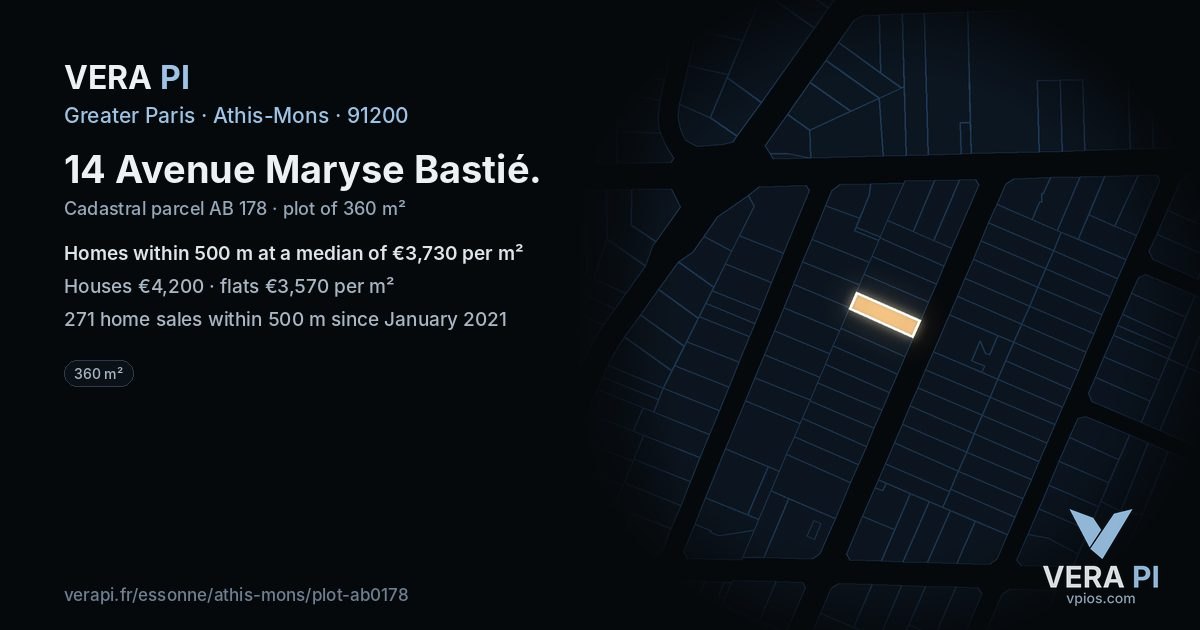 14 Avenue Maryse Bastié, Athis-Mons at night – the plot lit, the parcels around coloured by the prices near them