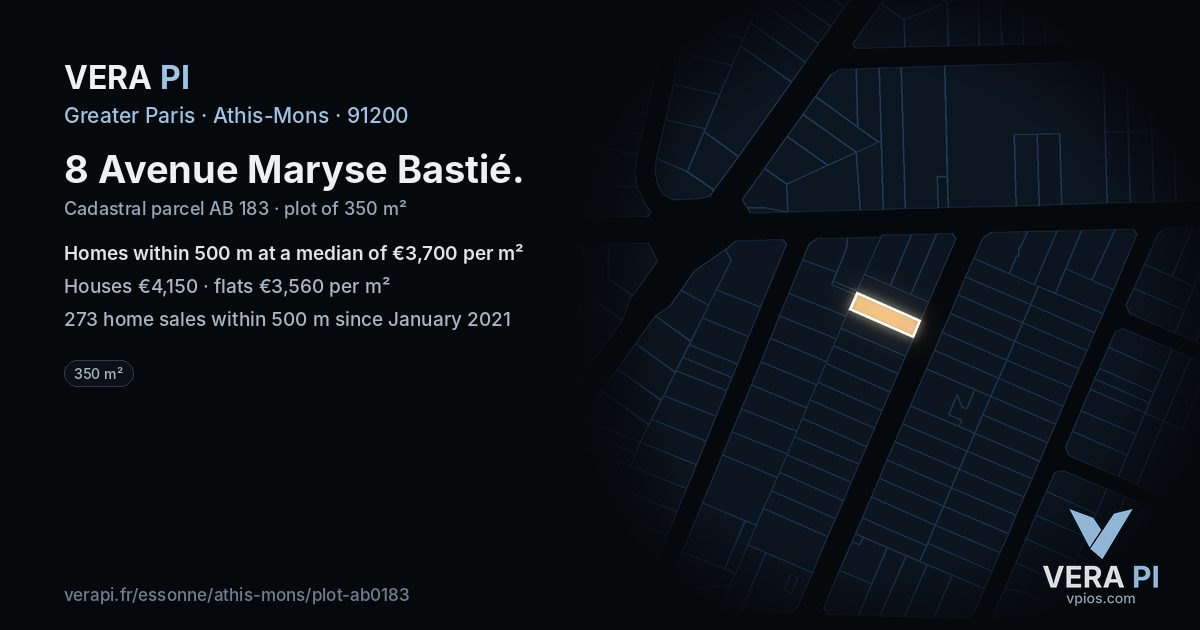 8 Avenue Maryse Bastié, Athis-Mons at night – the plot lit, the parcels around coloured by the prices near them