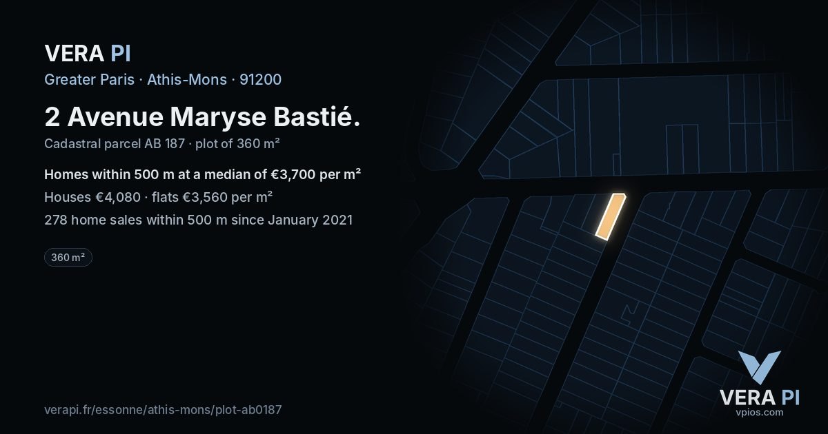 2 Avenue Maryse Bastié, Athis-Mons at night – the plot lit, the parcels around coloured by the prices near them