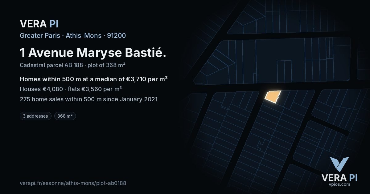1 Avenue Maryse Bastié, Athis-Mons at night – the plot lit, the parcels around coloured by the prices near them