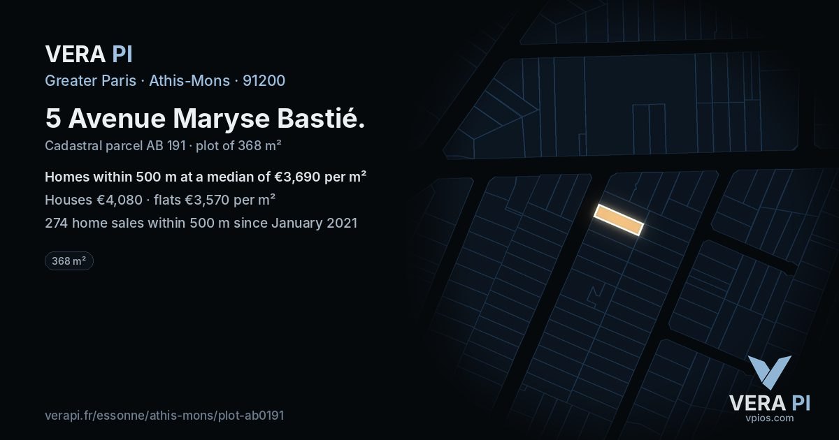 5 Avenue Maryse Bastié, Athis-Mons at night – the plot lit, the parcels around coloured by the prices near them