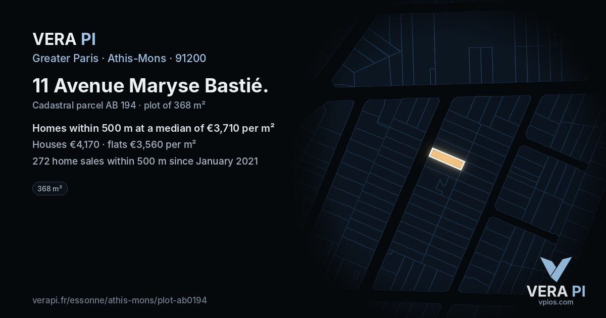 11 Avenue Maryse Bastié, Athis-Mons at night – the plot lit, the parcels around coloured by the prices near them