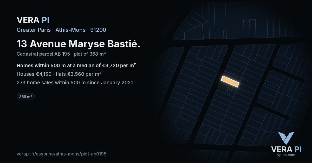 13 Avenue Maryse Bastié, Athis-Mons at night – the plot lit, the parcels around coloured by the prices near them