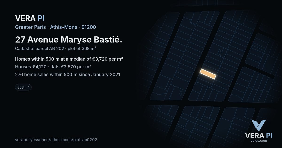 27 Avenue Maryse Bastié, Athis-Mons at night – the plot lit, the parcels around coloured by the prices near them