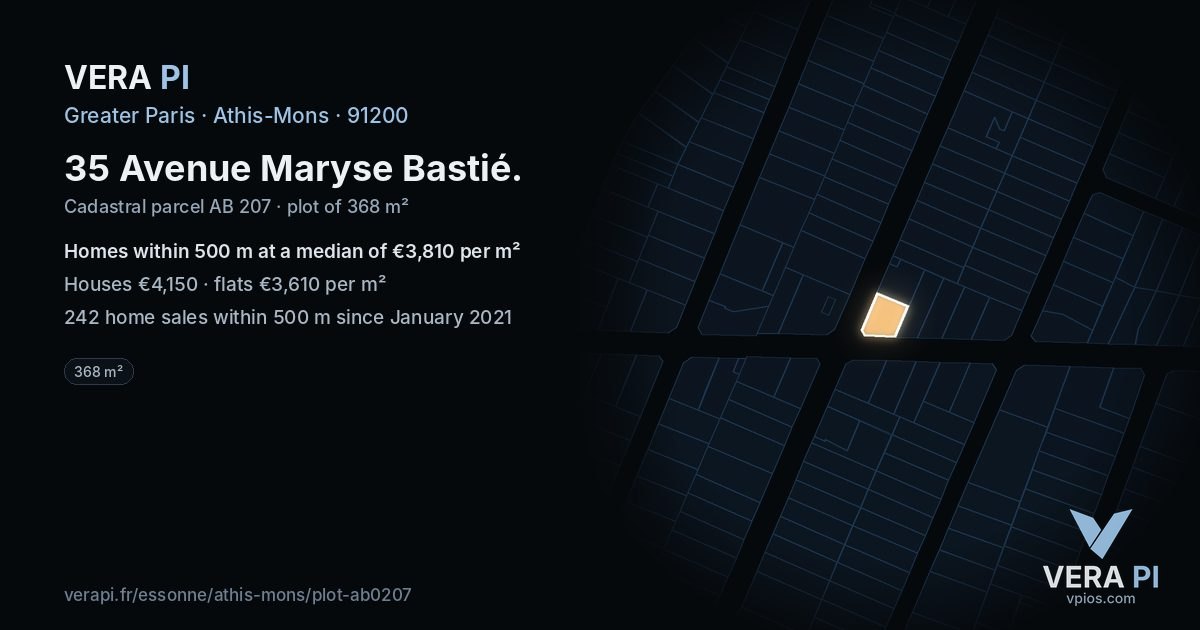 35 Avenue Maryse Bastié, Athis-Mons at night – the plot lit, the parcels around coloured by the prices near them