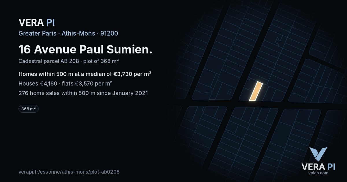 16 Avenue Paul Sumien, Athis-Mons at night – the plot lit, the parcels around coloured by the prices near them
