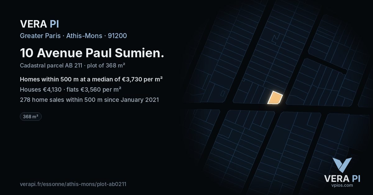 10 Avenue Paul Sumien, Athis-Mons at night – the plot lit, the parcels around coloured by the prices near them