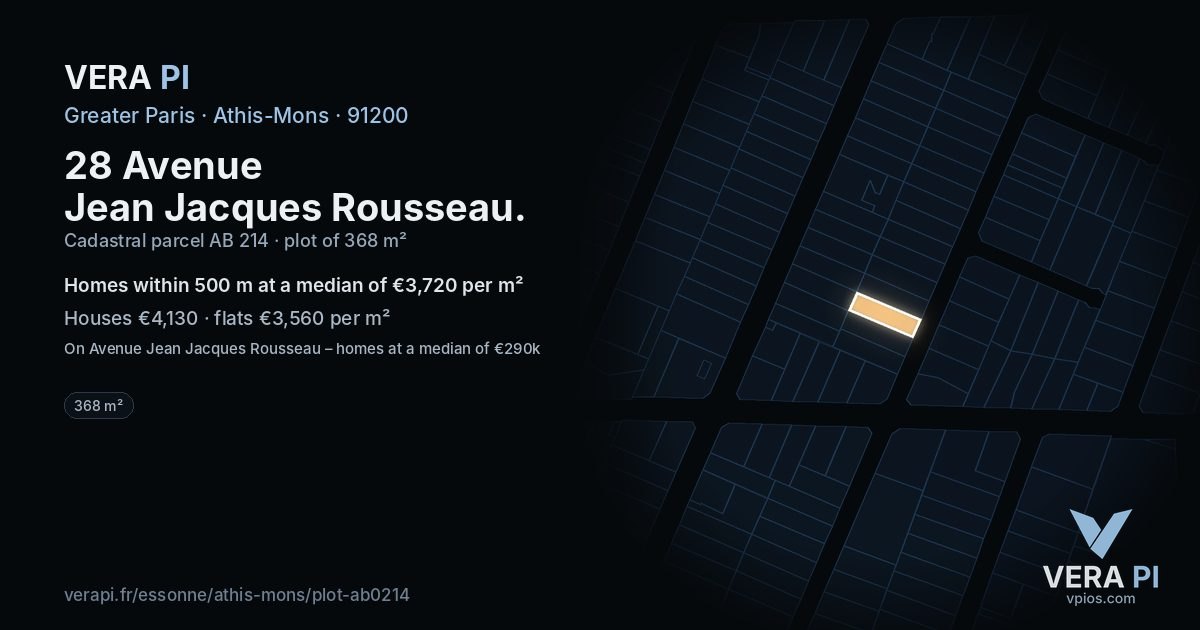 28 Avenue Jean Jacques Rousseau, Athis-Mons at night – the plot lit, the parcels around coloured by the prices near them