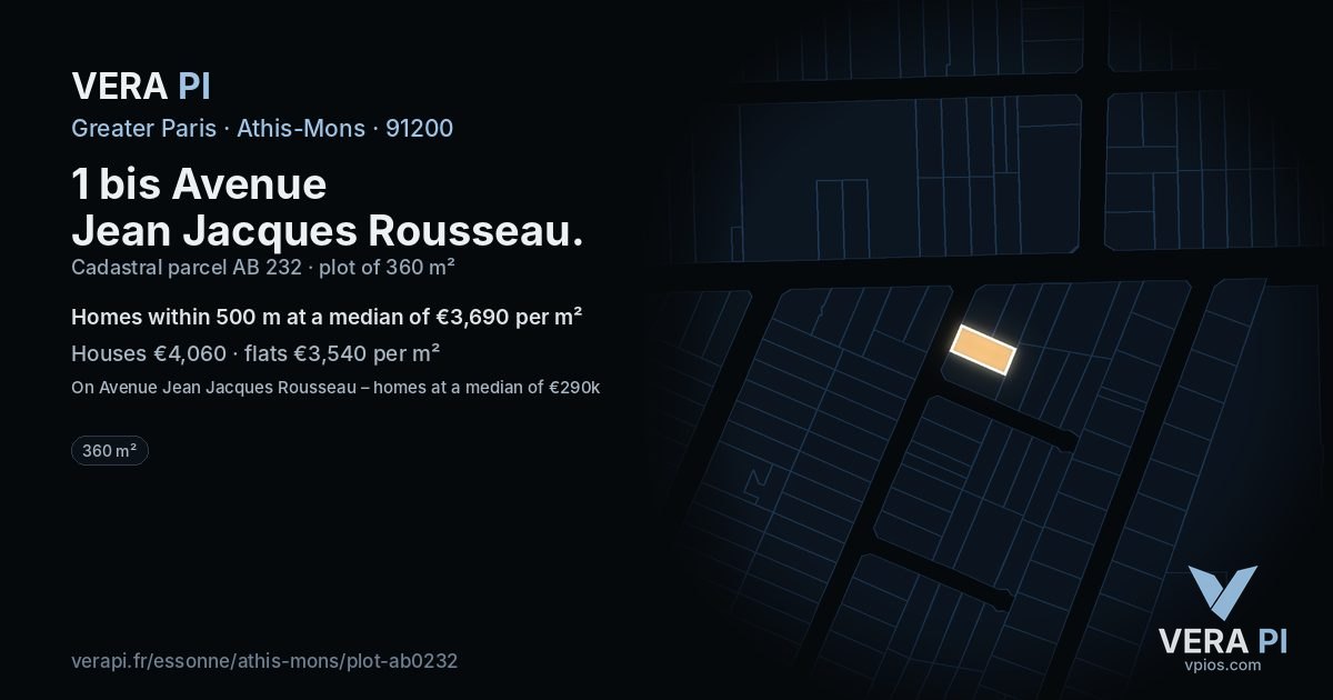 1 bis Avenue Jean Jacques Rousseau, Athis-Mons at night – the plot lit, the parcels around coloured by the prices near them