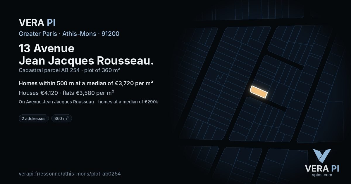 13 Avenue Jean Jacques Rousseau, Athis-Mons at night – the plot lit, the parcels around coloured by the prices near them