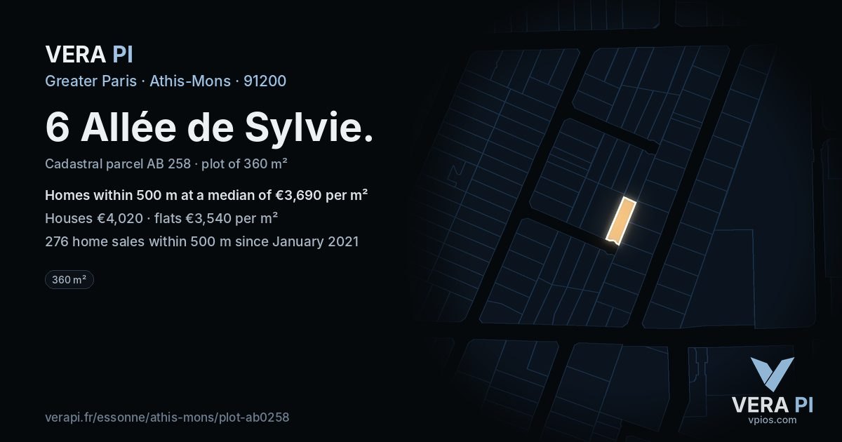 6 Allée de Sylvie, Athis-Mons at night – the plot lit, the parcels around coloured by the prices near them