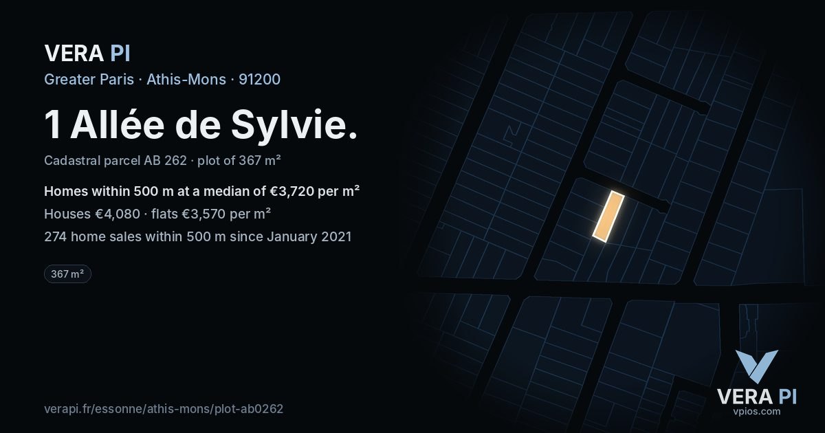 1 Allée de Sylvie, Athis-Mons at night – the plot lit, the parcels around coloured by the prices near them