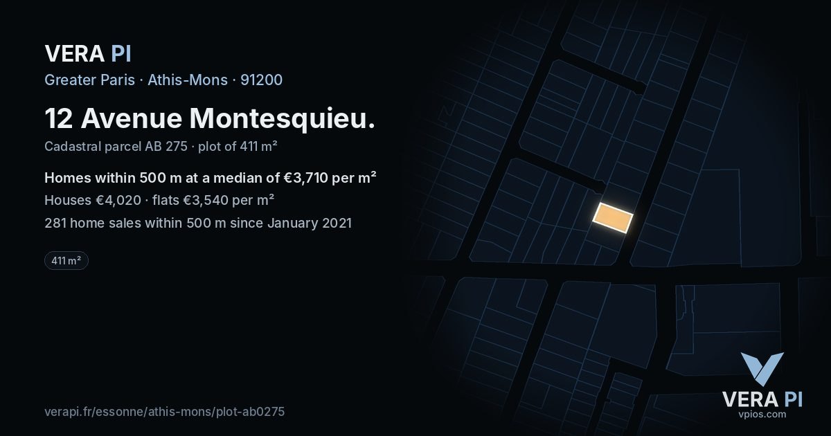 12 Avenue Montesquieu, Athis-Mons at night – the plot lit, the parcels around coloured by the prices near them