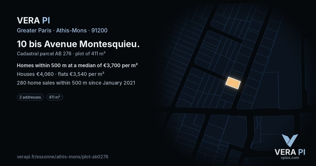 10 bis Avenue Montesquieu, Athis-Mons at night – the plot lit, the parcels around coloured by the prices near them