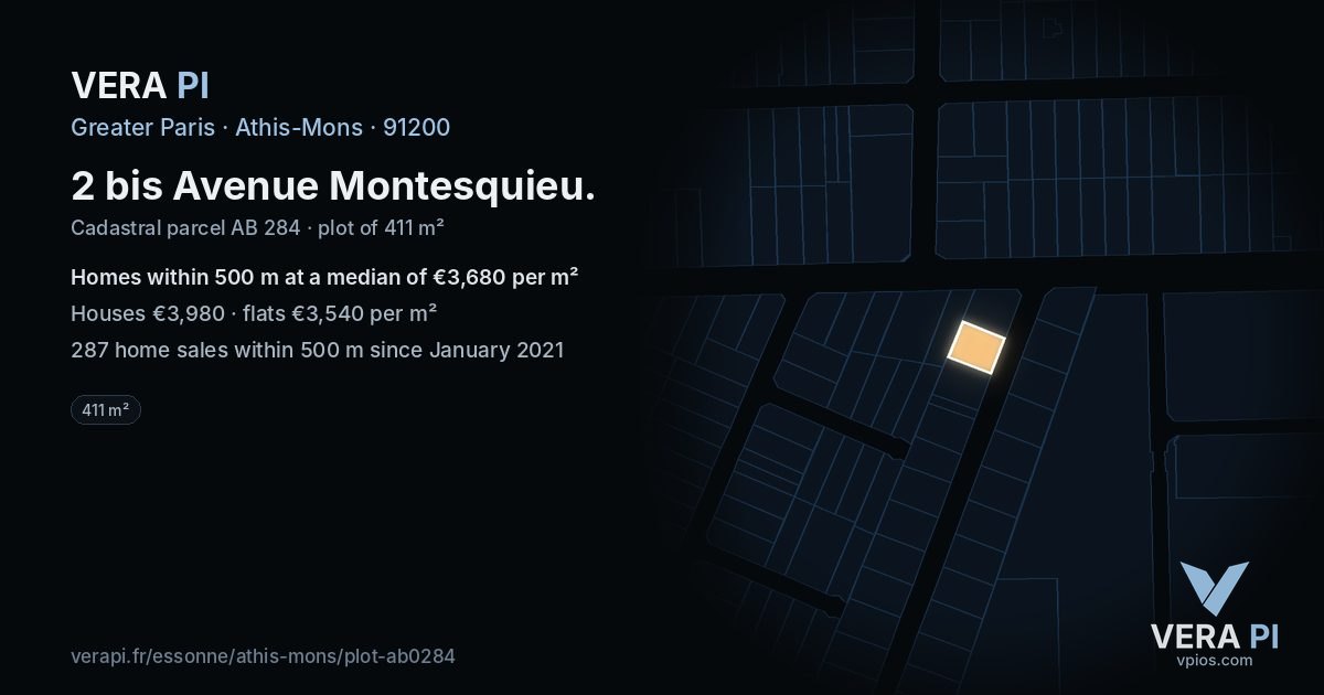 2 bis Avenue Montesquieu, Athis-Mons at night – the plot lit, the parcels around coloured by the prices near them