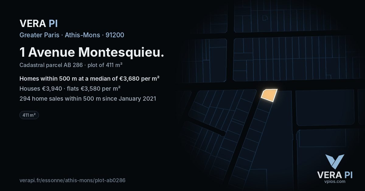 1 Avenue Montesquieu, Athis-Mons at night – the plot lit, the parcels around coloured by the prices near them