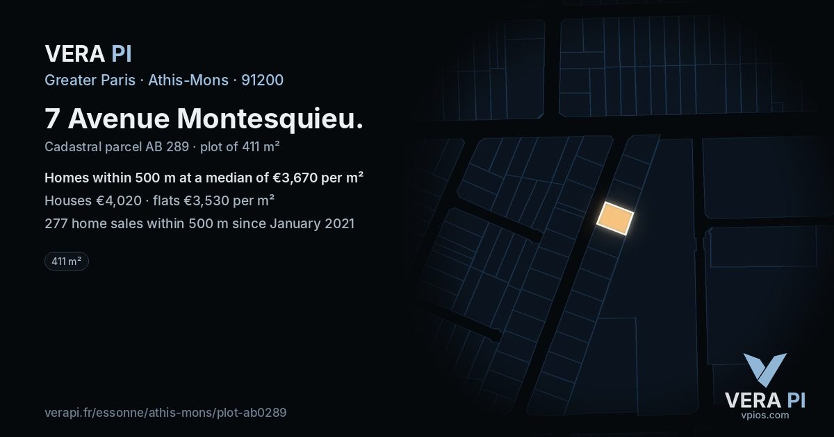 7 Avenue Montesquieu, Athis-Mons at night – the plot lit, the parcels around coloured by the prices near them