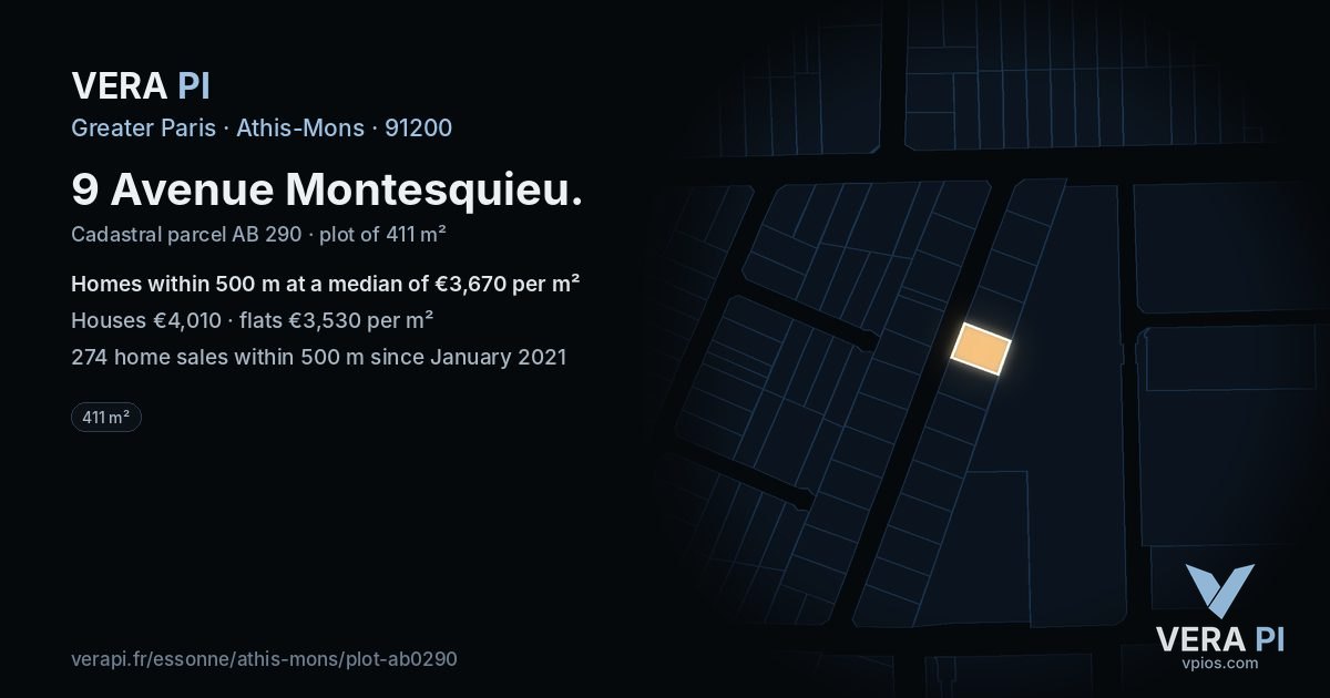 9 Avenue Montesquieu, Athis-Mons at night – the plot lit, the parcels around coloured by the prices near them