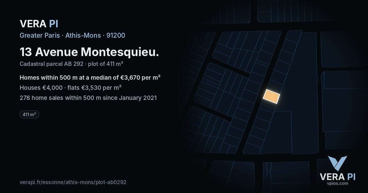 13 Avenue Montesquieu, Athis-Mons at night – the plot lit, the parcels around coloured by the prices near them