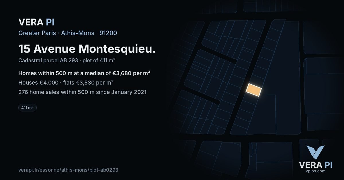 15 Avenue Montesquieu, Athis-Mons at night – the plot lit, the parcels around coloured by the prices near them