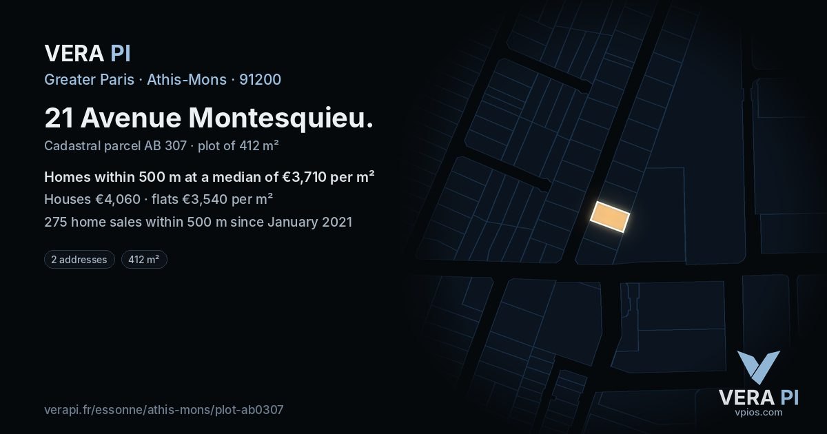21 Avenue Montesquieu, Athis-Mons at night – the plot lit, the parcels around coloured by the prices near them