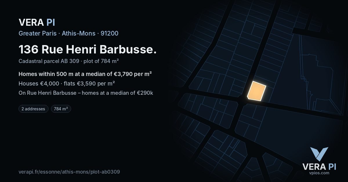 136 Rue Henri Barbusse, Athis-Mons at night – the plot lit, the parcels around coloured by the prices near them