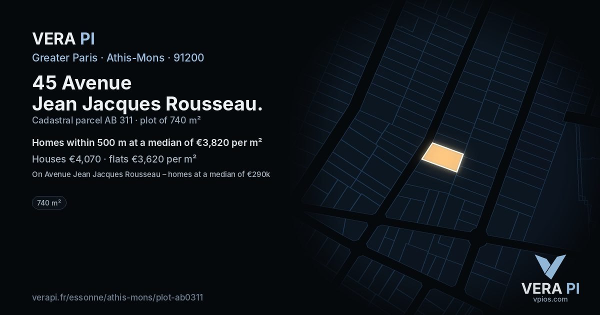 45 Avenue Jean Jacques Rousseau, Athis-Mons at night – the plot lit, the parcels around coloured by the prices near them