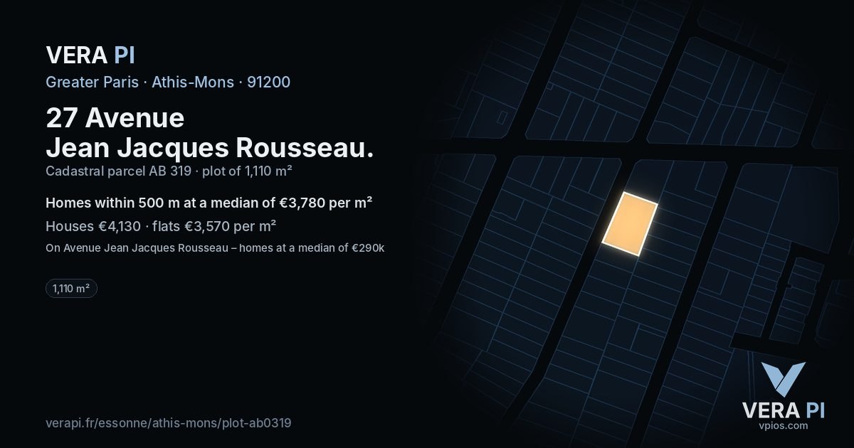 27 Avenue Jean Jacques Rousseau, Athis-Mons at night – the plot lit, the parcels around coloured by the prices near them