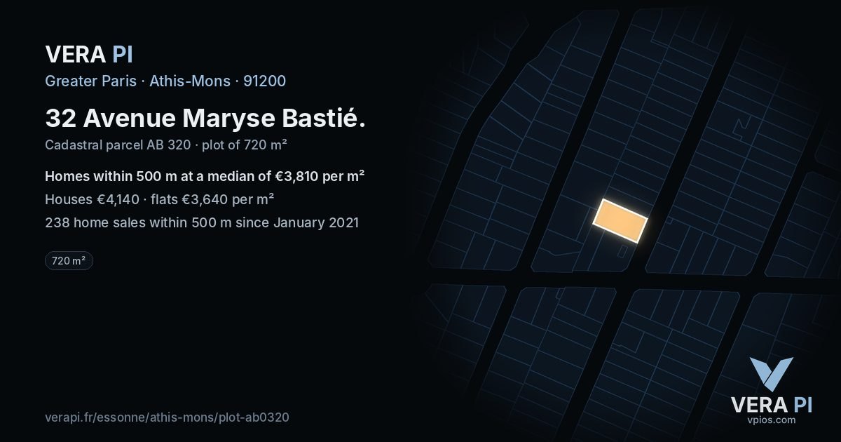 32 Avenue Maryse Bastié, Athis-Mons at night – the plot lit, the parcels around coloured by the prices near them