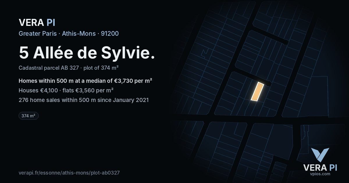 5 Allée de Sylvie, Athis-Mons at night – the plot lit, the parcels around coloured by the prices near them