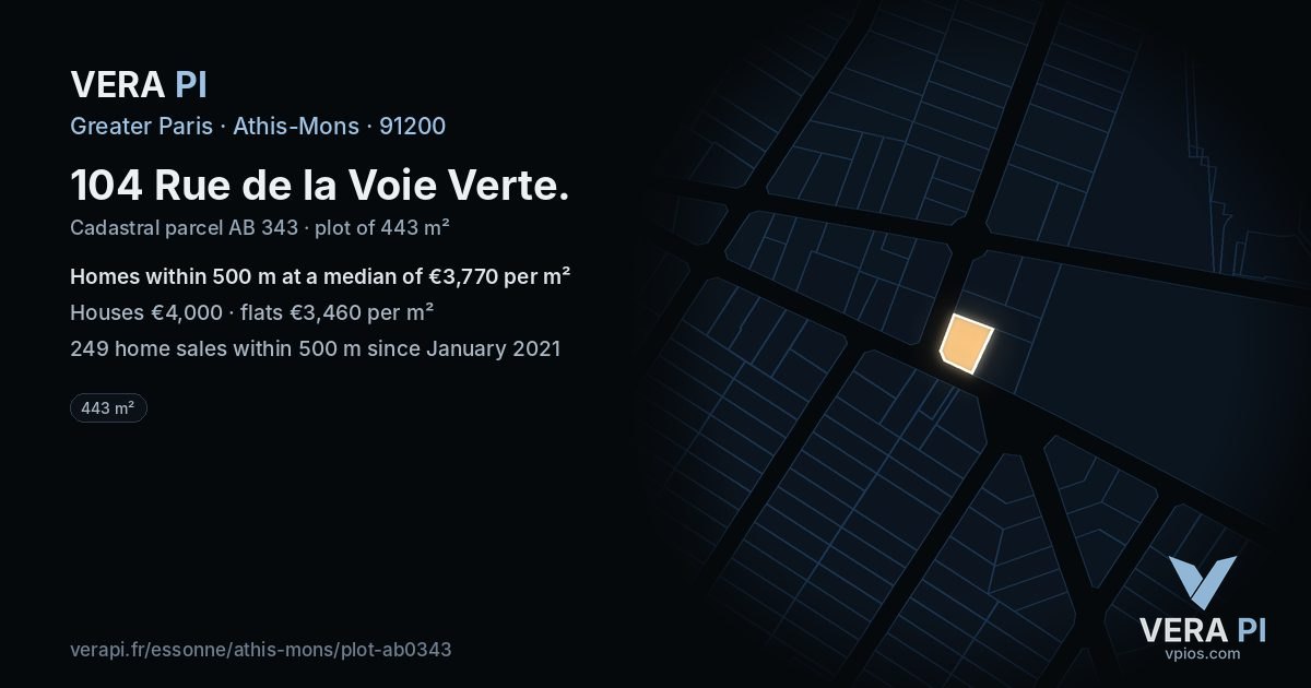 104 Rue de la Voie Verte, Athis-Mons at night – the plot lit, the parcels around coloured by the prices near them
