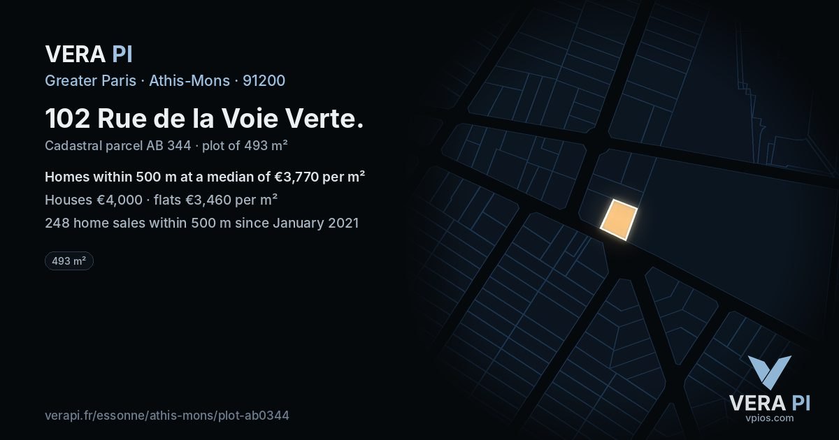 102 Rue de la Voie Verte, Athis-Mons at night – the plot lit, the parcels around coloured by the prices near them