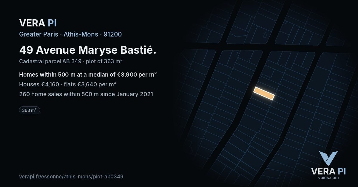 49 Avenue Maryse Bastié, Athis-Mons at night – the plot lit, the parcels around coloured by the prices near them