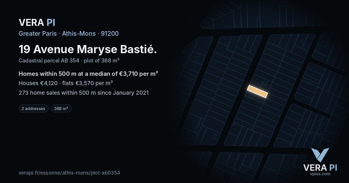 19 Avenue Maryse Bastié, Athis-Mons at night – the plot lit, the parcels around coloured by the prices near them