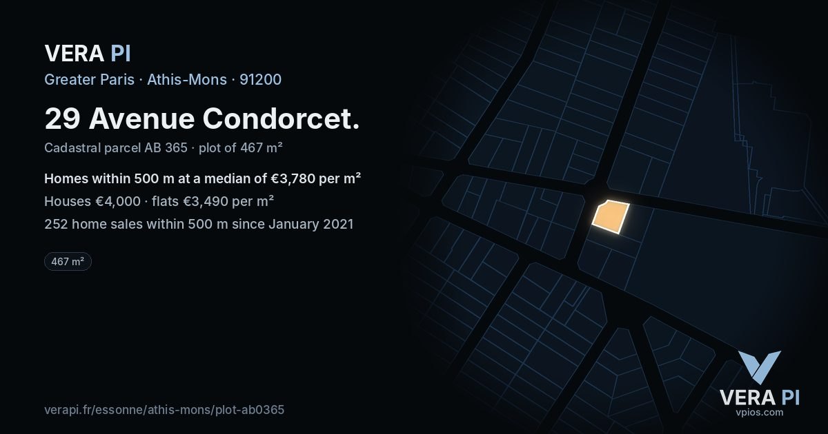 29 Avenue Condorcet, Athis-Mons at night – the plot lit, the parcels around coloured by the prices near them