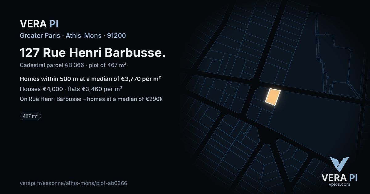 127 Rue Henri Barbusse, Athis-Mons at night – the plot lit, the parcels around coloured by the prices near them