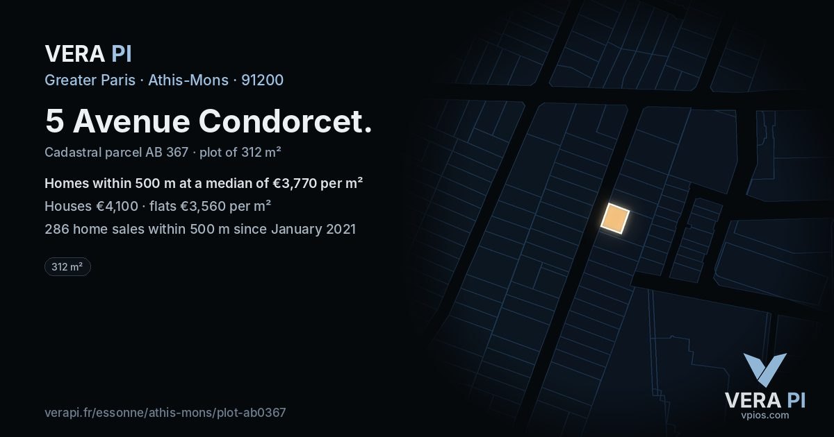 5 Avenue Condorcet, Athis-Mons at night – the plot lit, the parcels around coloured by the prices near them