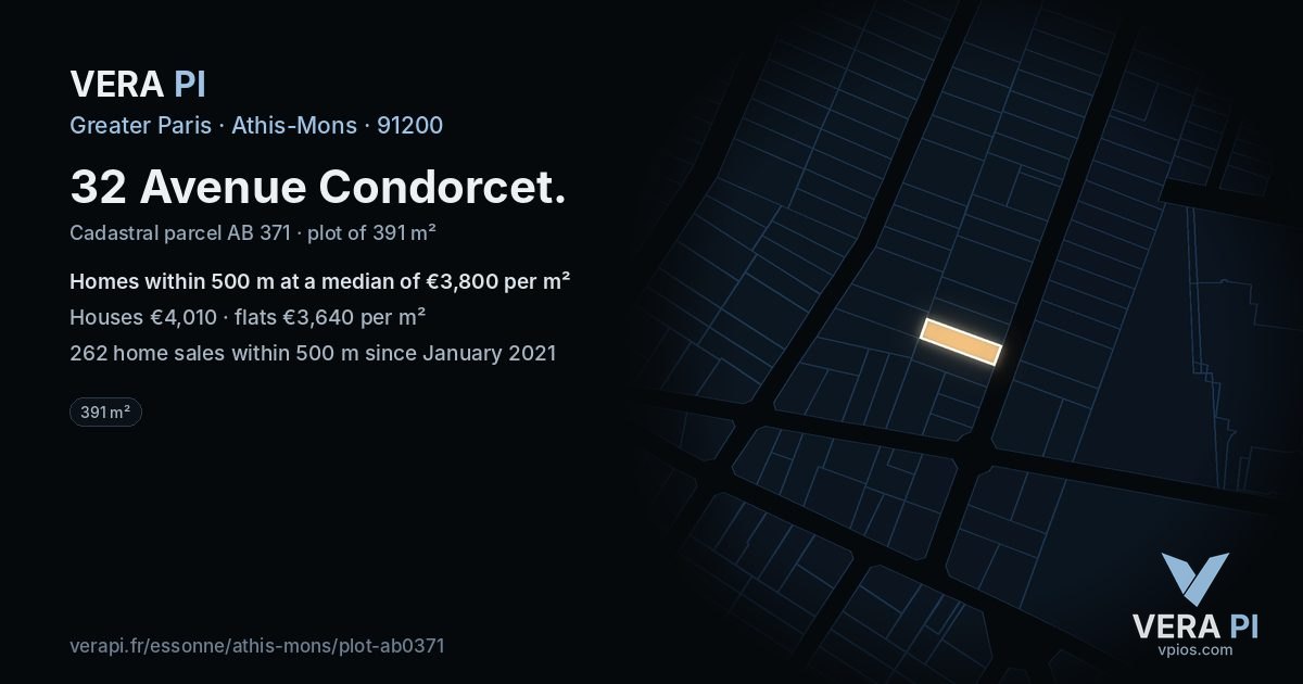 32 Avenue Condorcet, Athis-Mons at night – the plot lit, the parcels around coloured by the prices near them