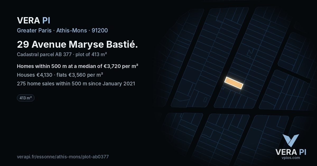 29 Avenue Maryse Bastié, Athis-Mons at night – the plot lit, the parcels around coloured by the prices near them