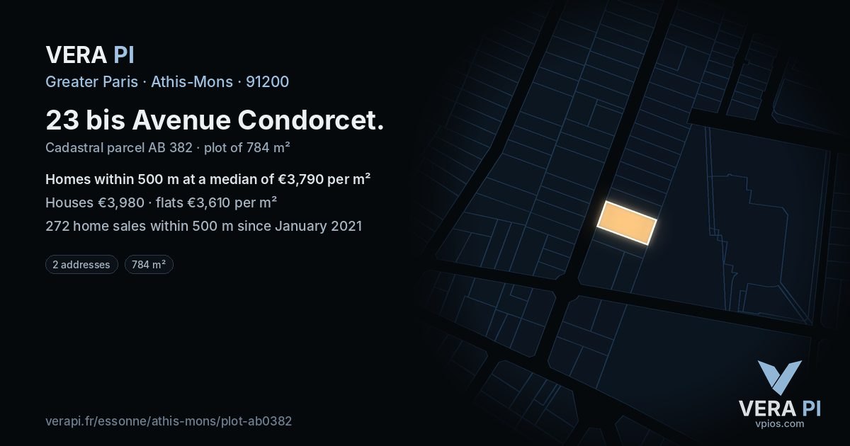 23 bis Avenue Condorcet, Athis-Mons at night – the plot lit, the parcels around coloured by the prices near them