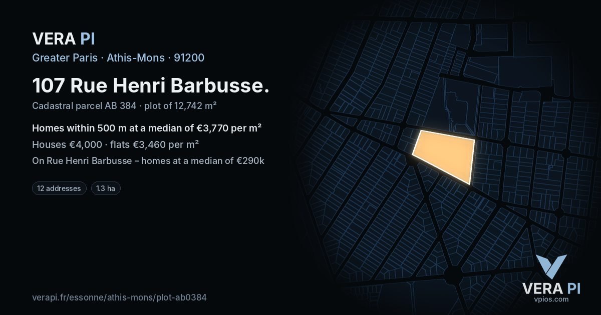107 Rue Henri Barbusse, Athis-Mons at night – the plot lit, the parcels around coloured by the prices near them