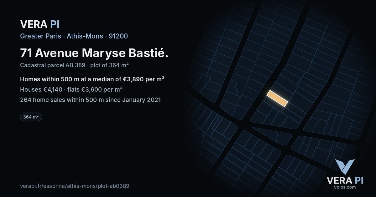 71 Avenue Maryse Bastié, Athis-Mons at night – the plot lit, the parcels around coloured by the prices near them