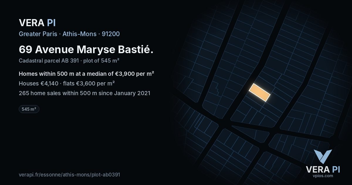 69 Avenue Maryse Bastié, Athis-Mons at night – the plot lit, the parcels around coloured by the prices near them