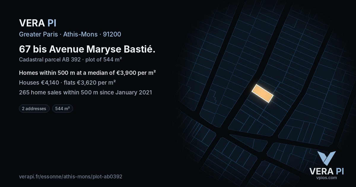 67 bis Avenue Maryse Bastié, Athis-Mons at night – the plot lit, the parcels around coloured by the prices near them