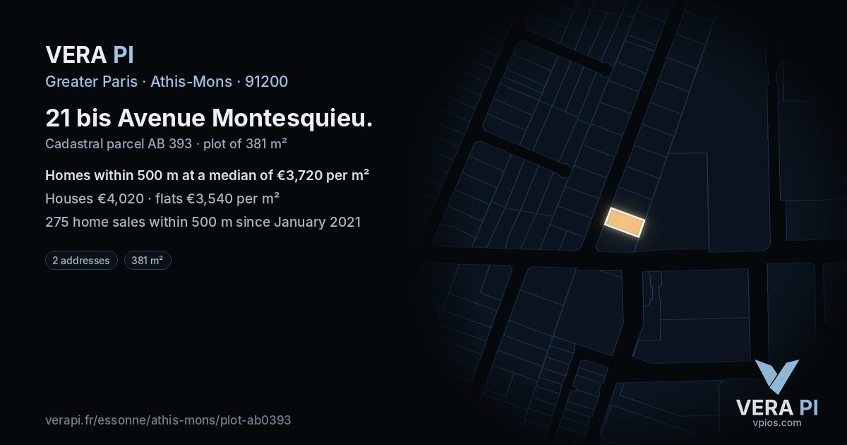 21 bis Avenue Montesquieu, Athis-Mons at night – the plot lit, the parcels around coloured by the prices near them