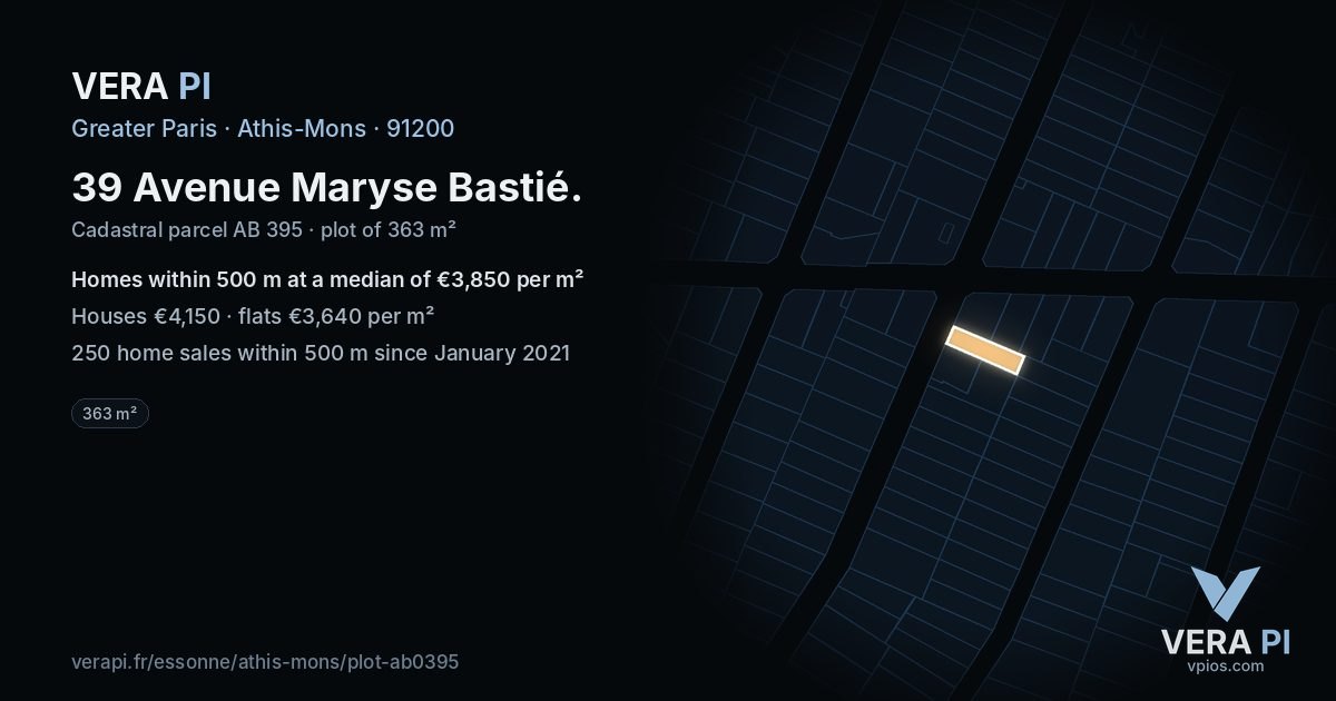 39 Avenue Maryse Bastié, Athis-Mons at night – the plot lit, the parcels around coloured by the prices near them